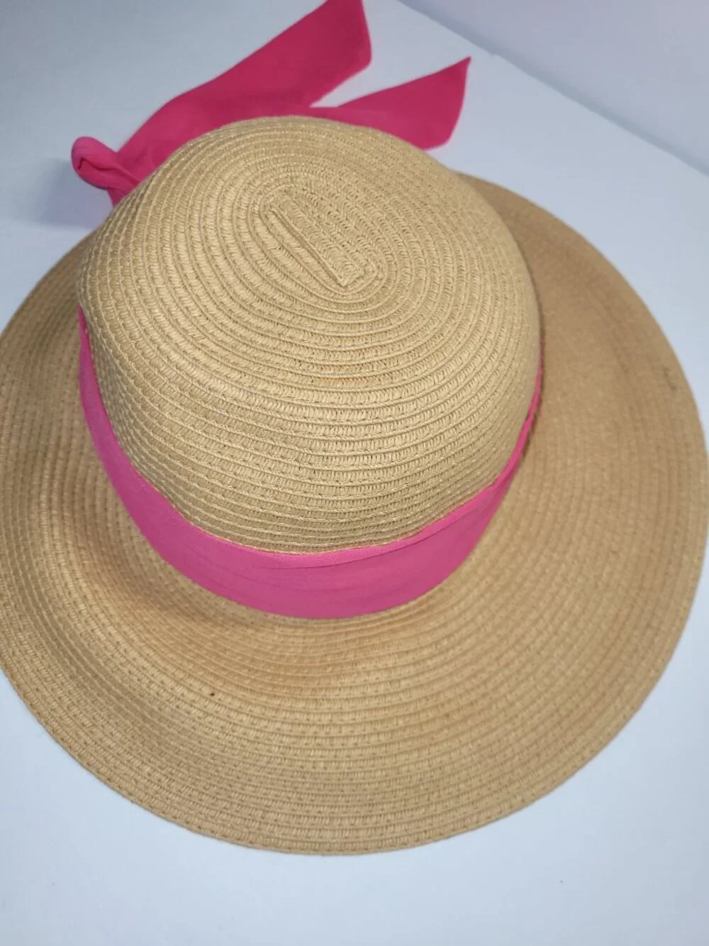 Haute Hippie Style Straw Wide Brim Hat Women's Sz OS Hot Pink Chiffon Bow Nice